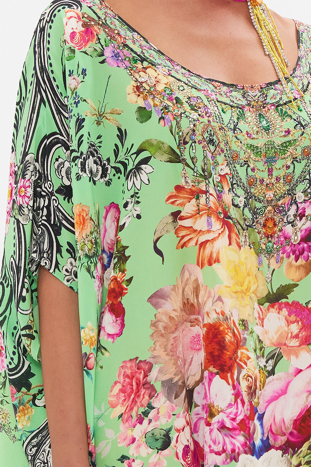 Back view of CAMILLA silk kaftan in Porcelain Dream print