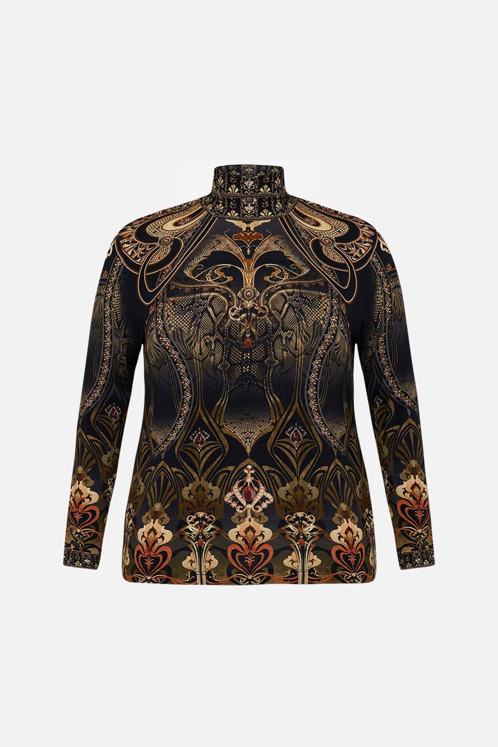 CAMILLA jersey turtleneck in Nouveau Noir print