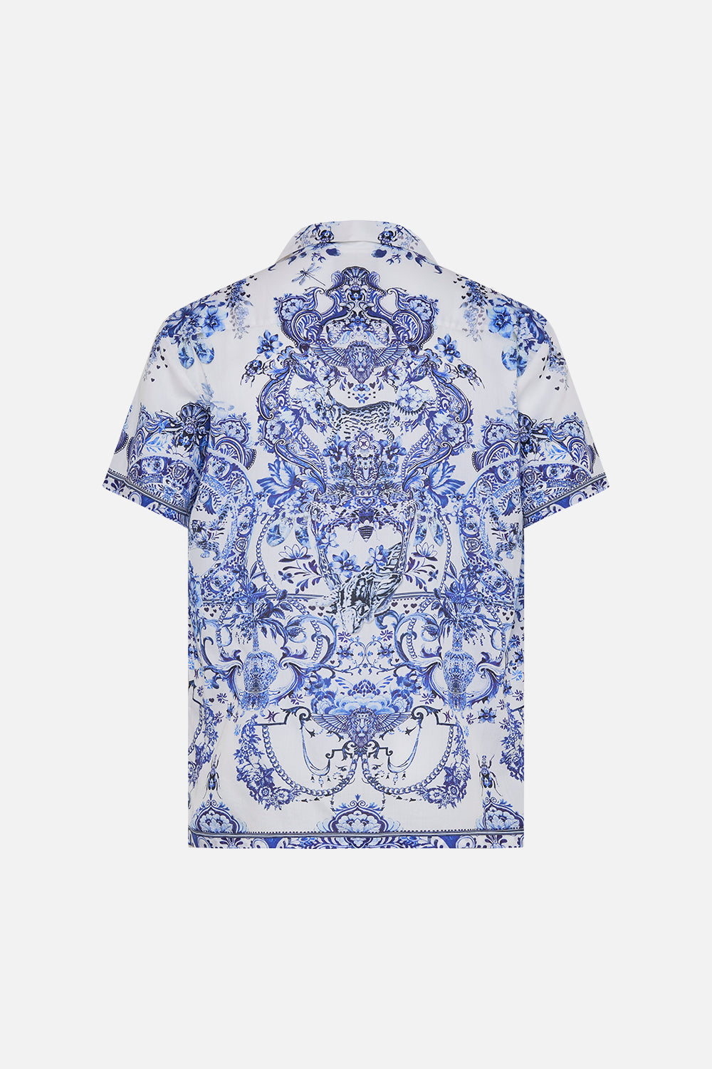Back of Hotel Franks By CAMILLA mens blue and white shirt in Glaze and Graze print