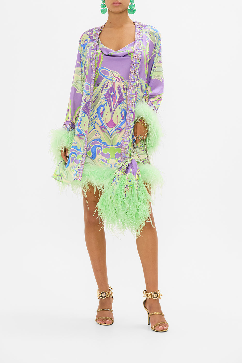 CAMILLA halter dress with feathers in Amsterdam Jewel print