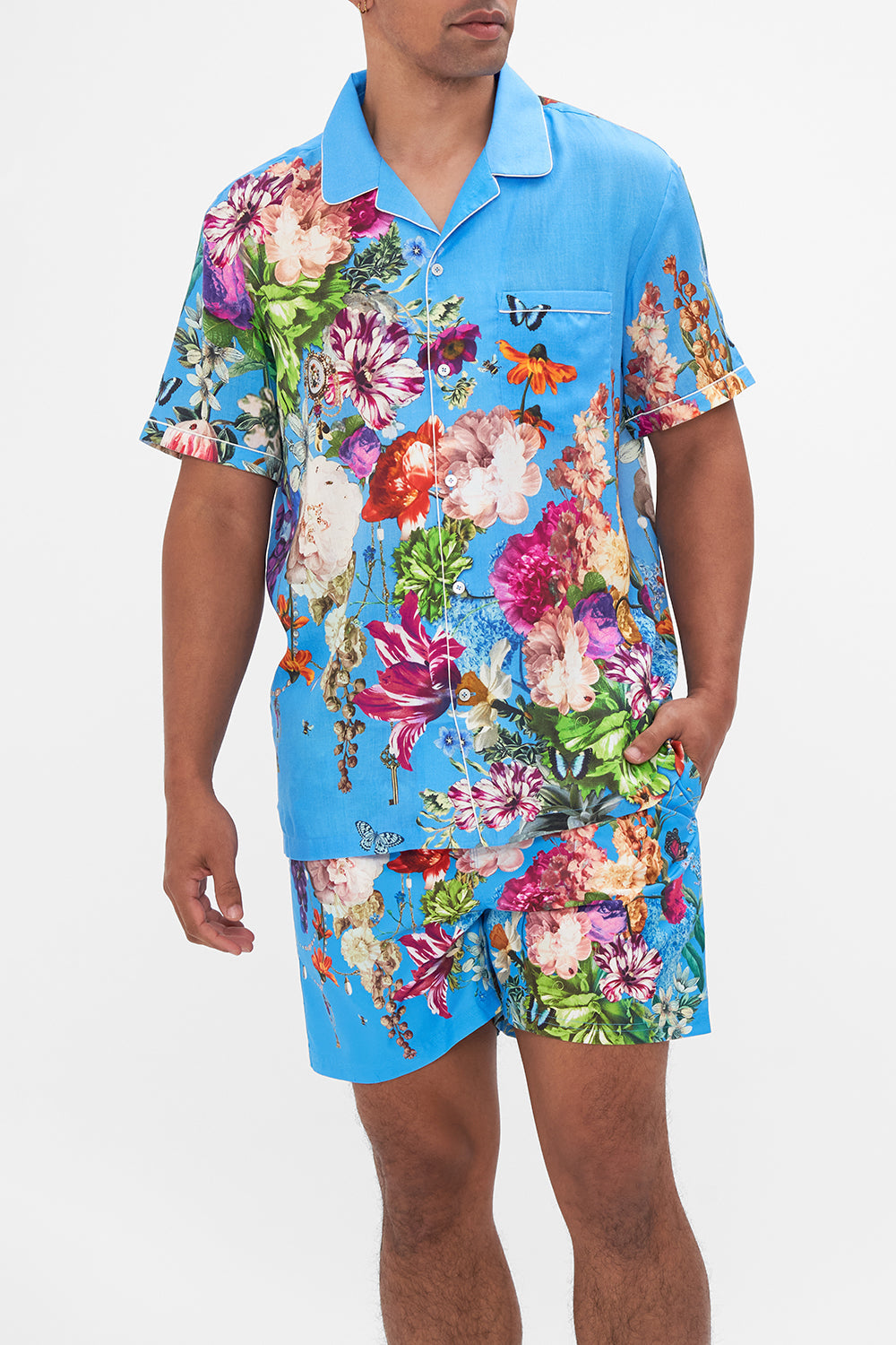 Hotel Franks by CAMILLA mens blue flroal print shirt in Nectar Of The Gods print