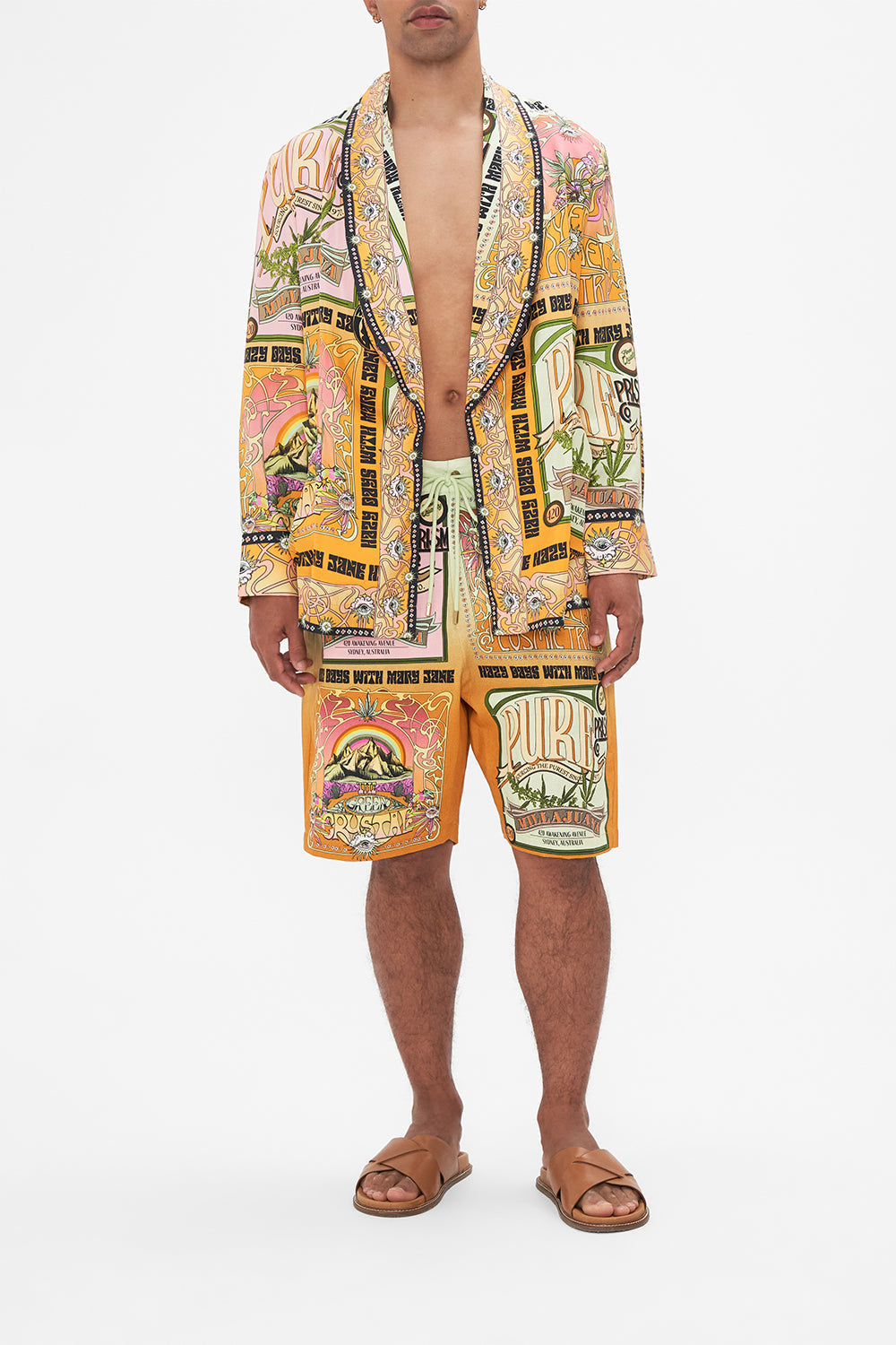 Hotel Franks by CAMILLA mens silk robe in Lets Chase Rainbows print