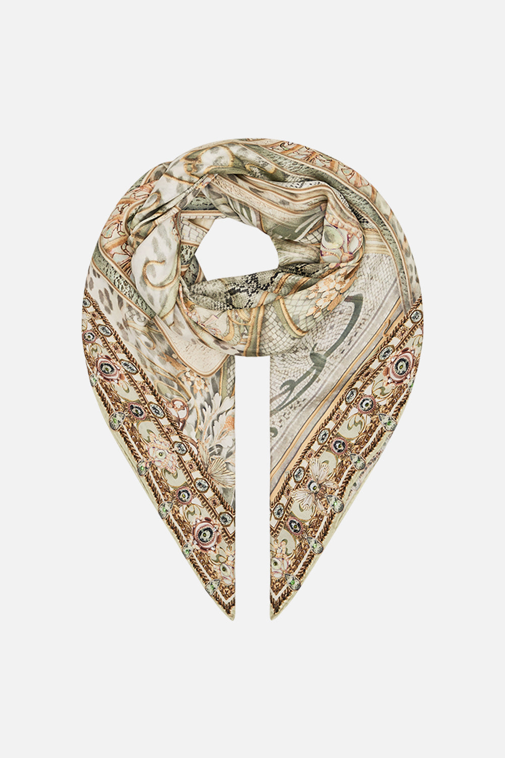CAMILLA silk scarf in Ivory Tower Tales print