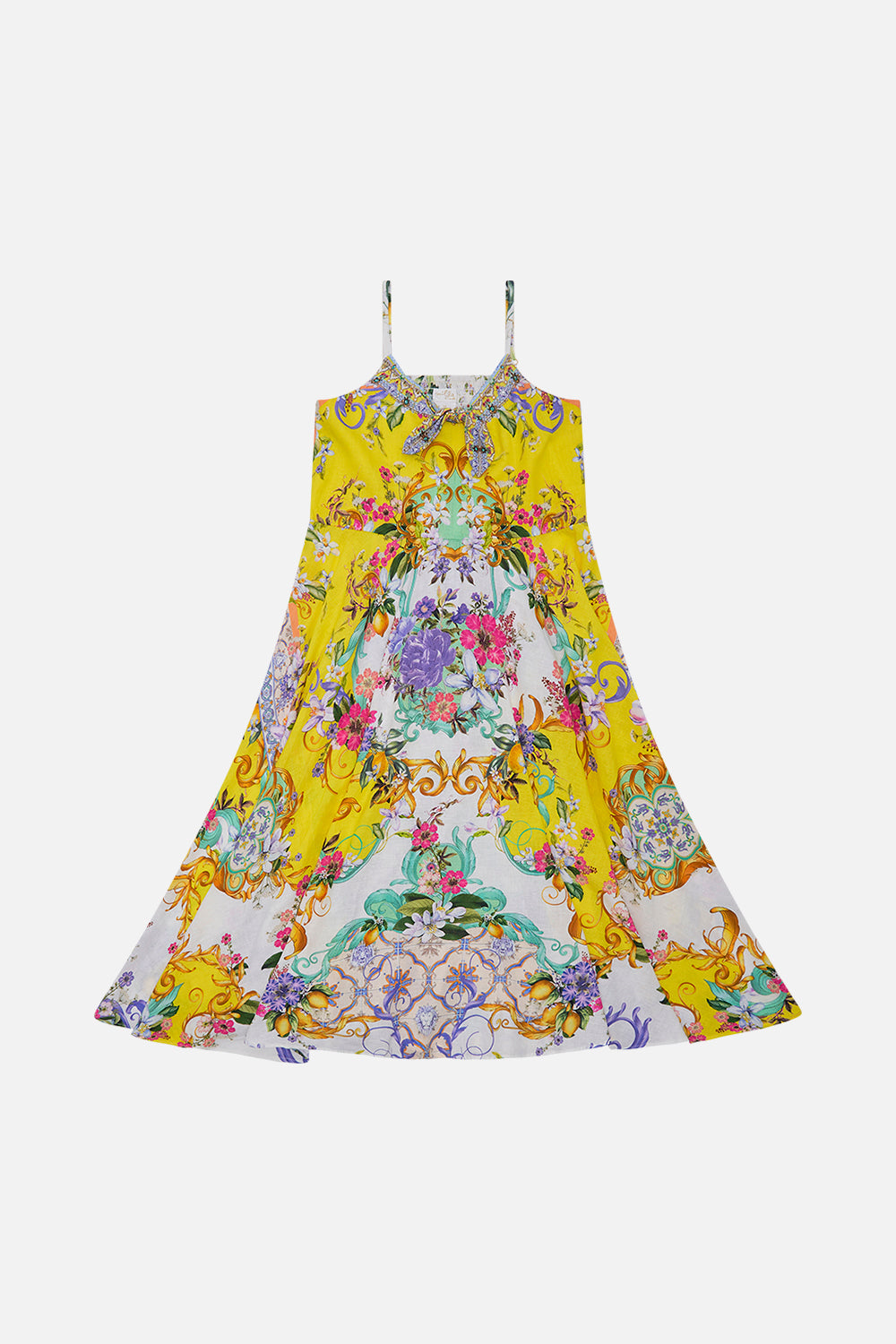 Product view of MILLA BY CAMILLA kids tie front maxi dress in Caterina Spritz print