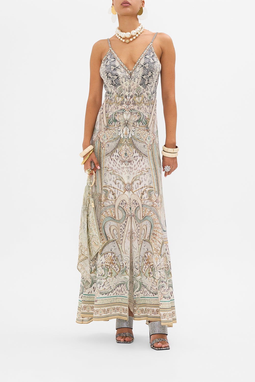 CAMILLA silk clutch in Ivory Tower Tales print