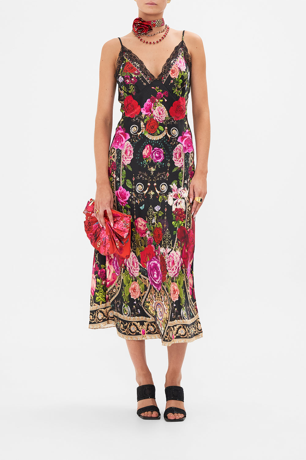 Front view of model wearing CAMILLA bias silk slip dress in Reservation for Love print