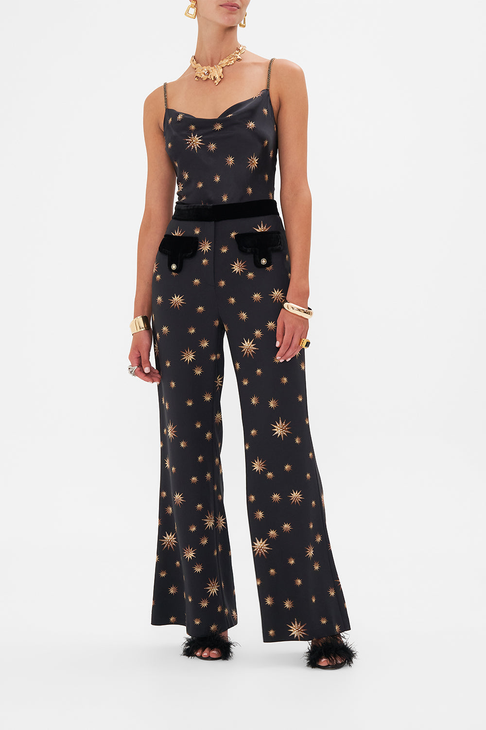 Front view of model wearing CAMILLA silk cami top in Soul of A Stargazer print