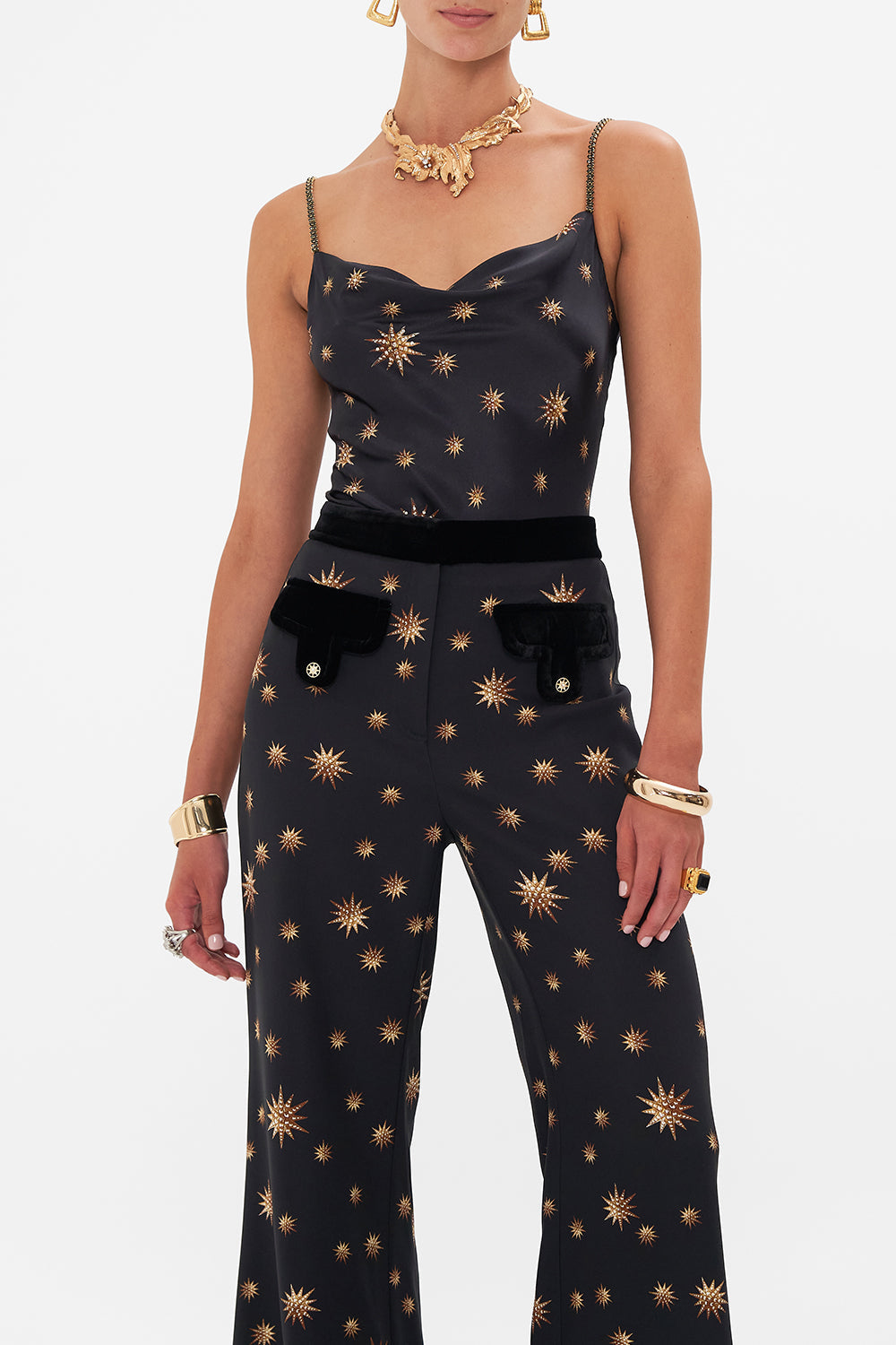 Crop view of model wearing CAMILLA silk cami top in Soul of A Stargazer print