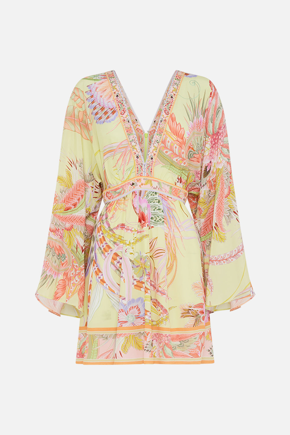 Product view of CAMILLA silk kimono mini dress in Cosmic Tuscan print