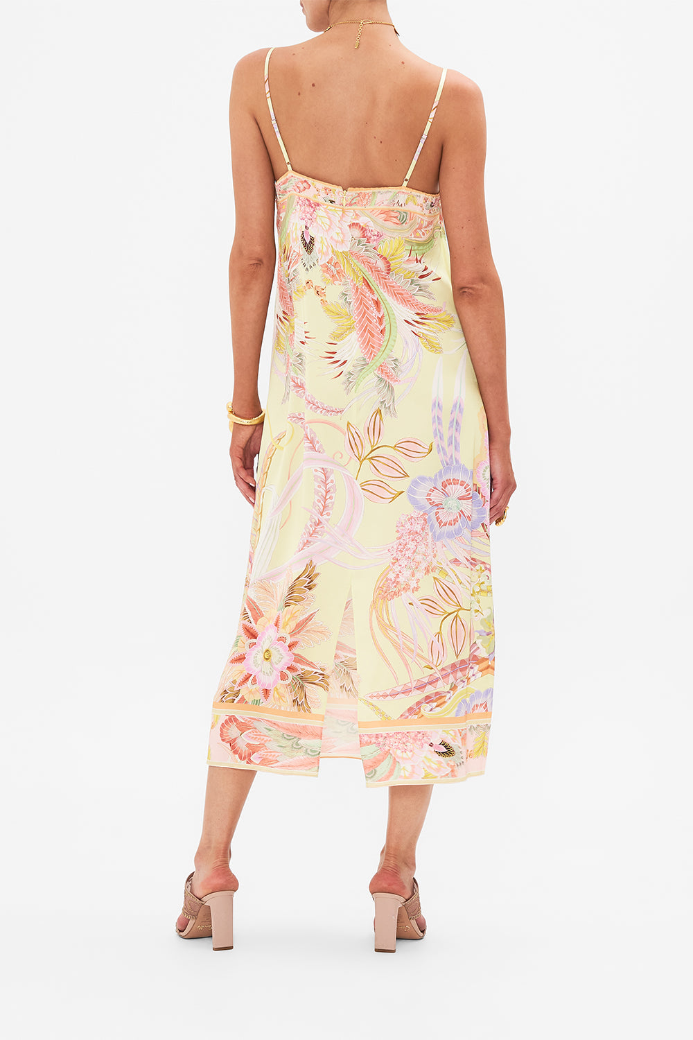 Back view of model wearing CAMILLA luxury silk dress in Cosmic Tuscan print