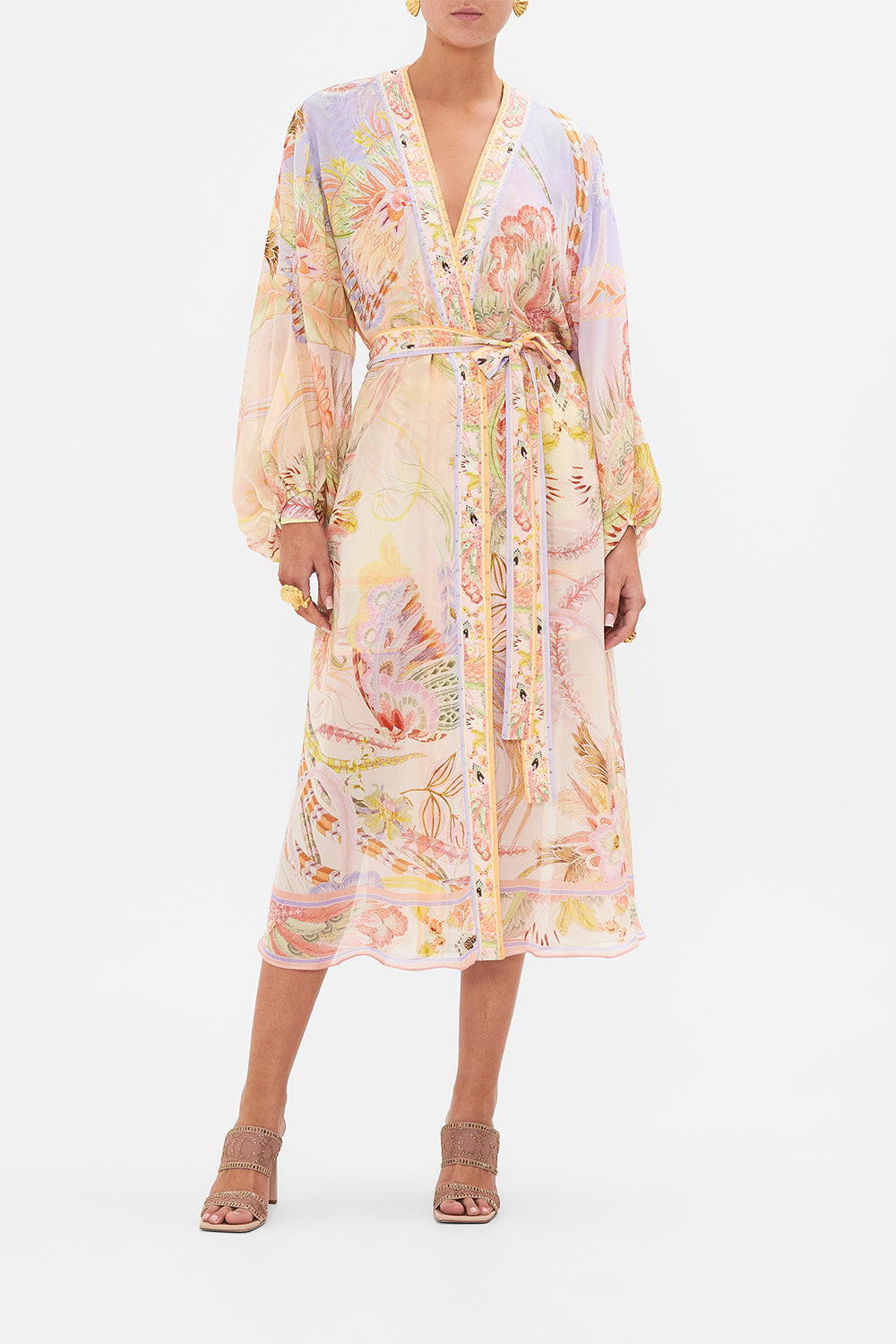 Crop view of model wearing CAMILLA silk kimono in Cosmic Tuscna print