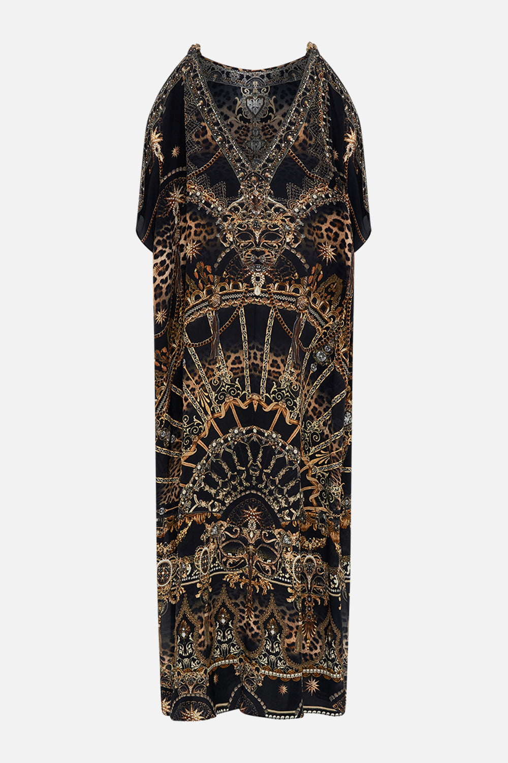 Back product view of CAMILLA silk kaftan with hardware in Masked at Moonlight print