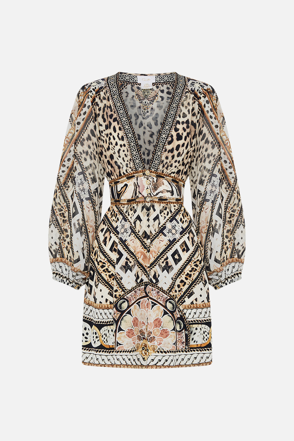 Product view of CAMILLA silk mini dress in Mosaic Muse animal print