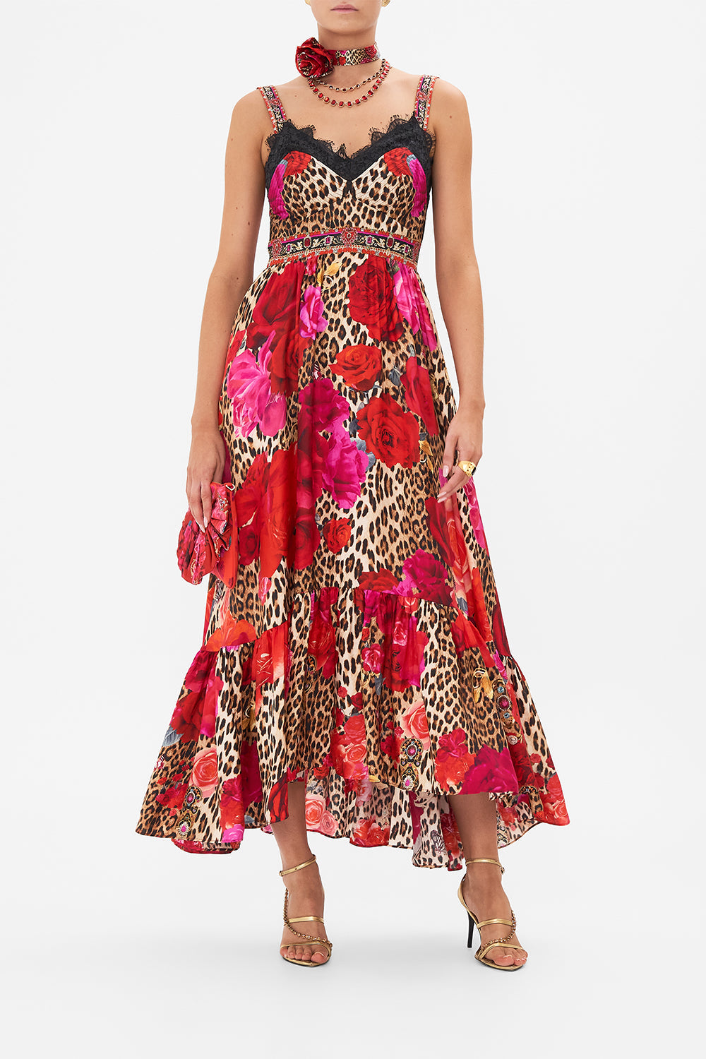 Front view of model wearing CAMILLA bodice dress in heart Like A Wildflower print