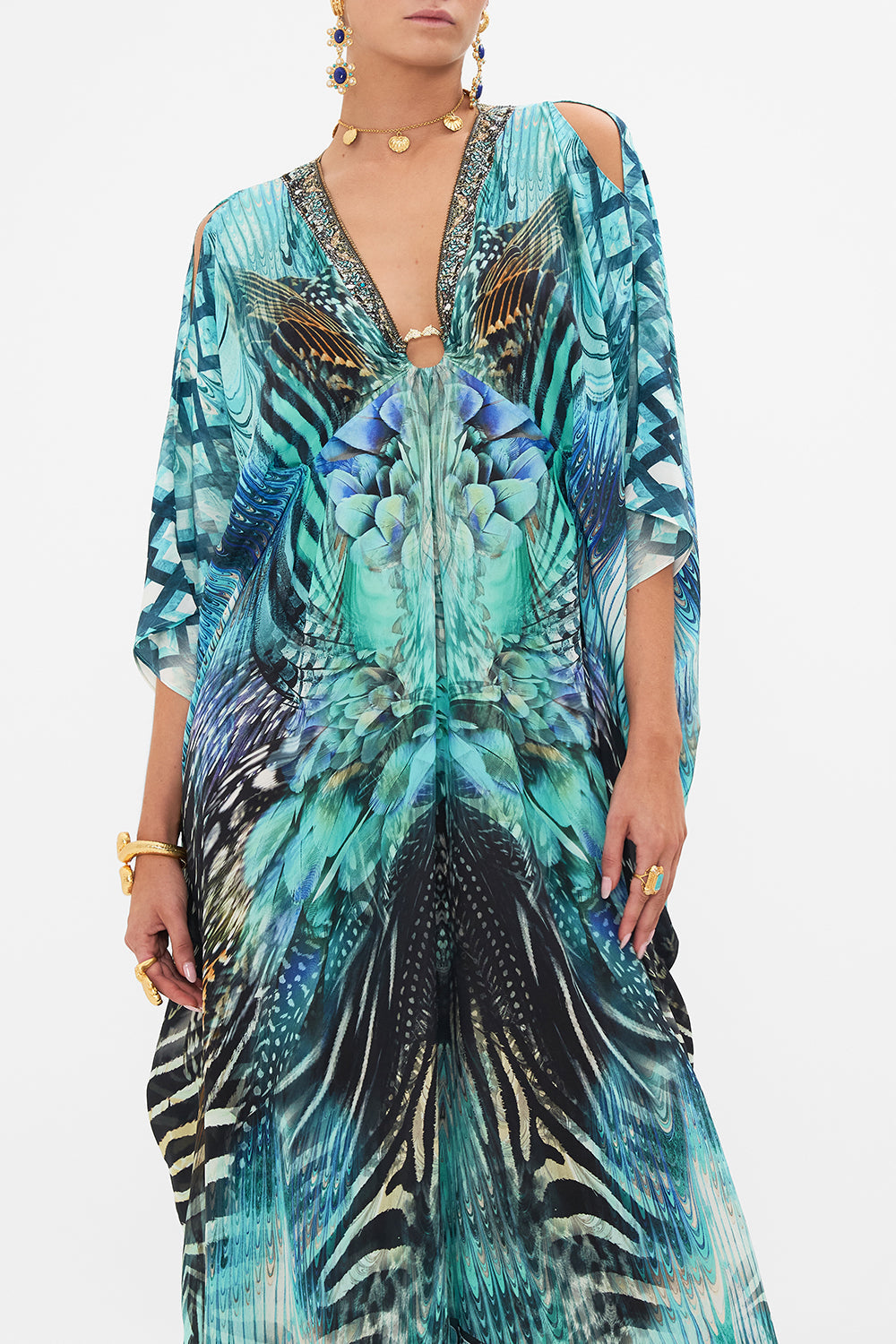 Crop view of model wearing CAMILLA silk kaftan in Azure Allure print