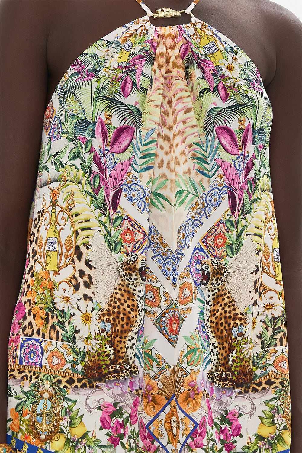 Detail view of model wearing CAMILLA floral halter top in Flowers Of Neptune print