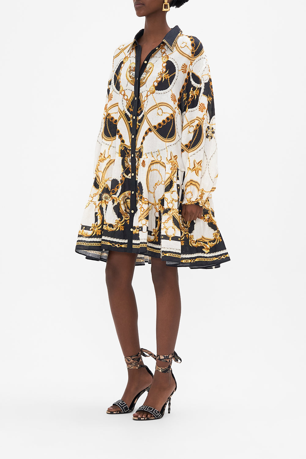 Side view of model wearing CAMILLA shirtdress in Sea Charm Print