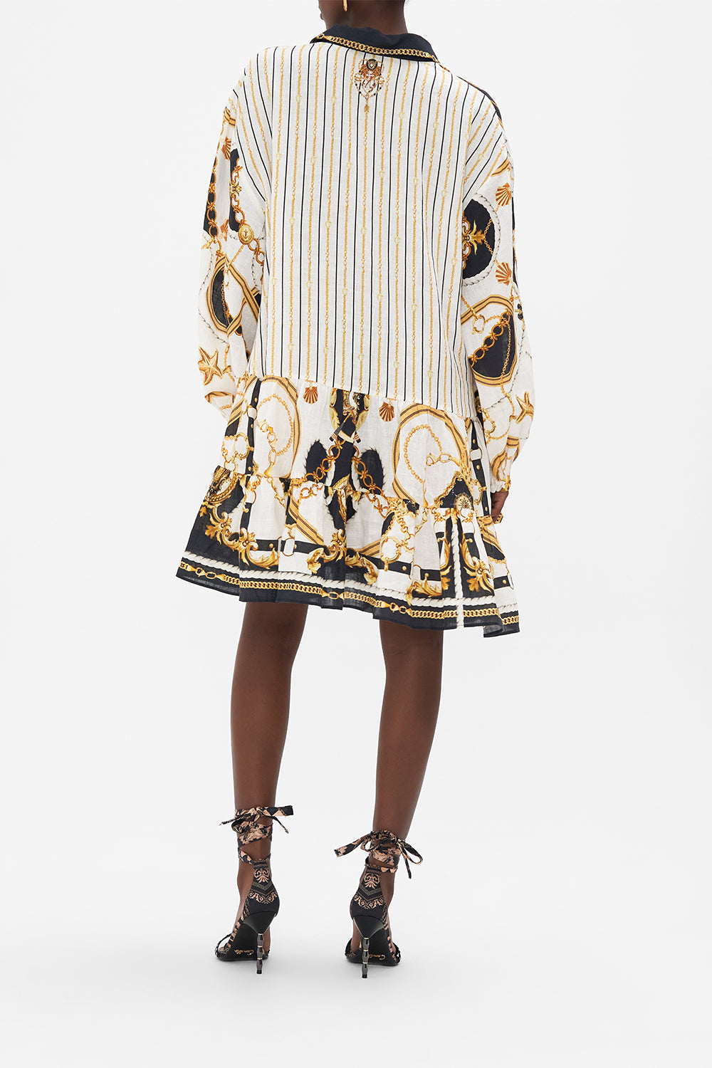 Back view of model wearing CAMILLA shirtdress in Sea Charm Print