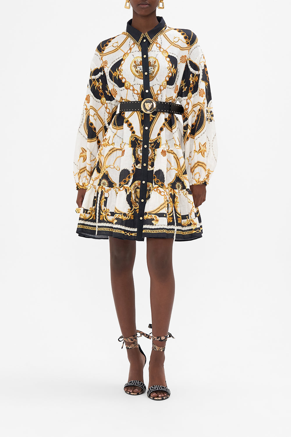 Crop view of model wearing CAMILLA shirtdress in Sea Charm Print