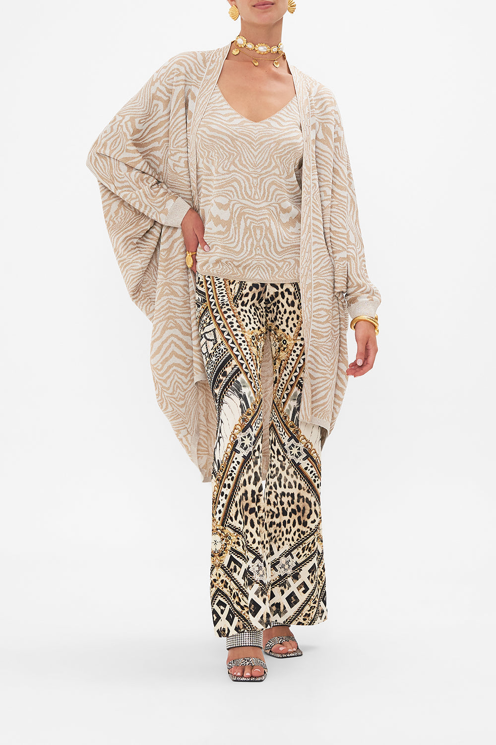 Style view of model wearing CAMILLA designer animal print knit top in Mosaic Muse