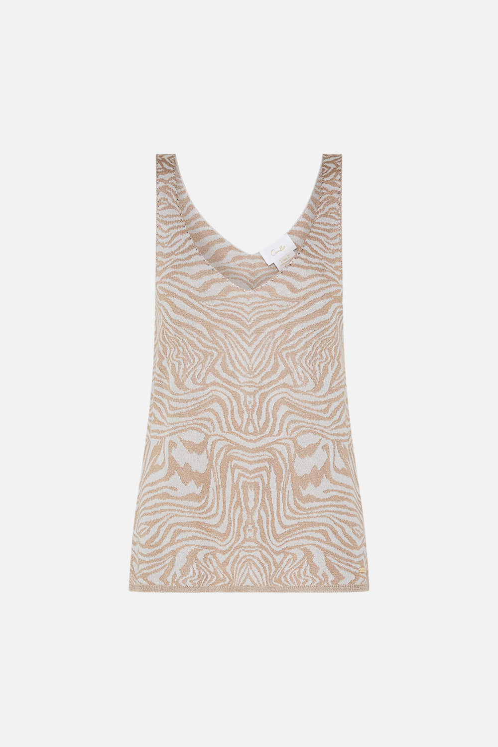 Back view of model wearing CAMILLA designer animal print knit top in Mosaic Muse