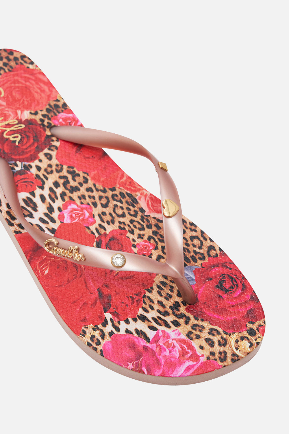 Product view of CAMILLA floral print thongs in Heart Like A Wildflower print