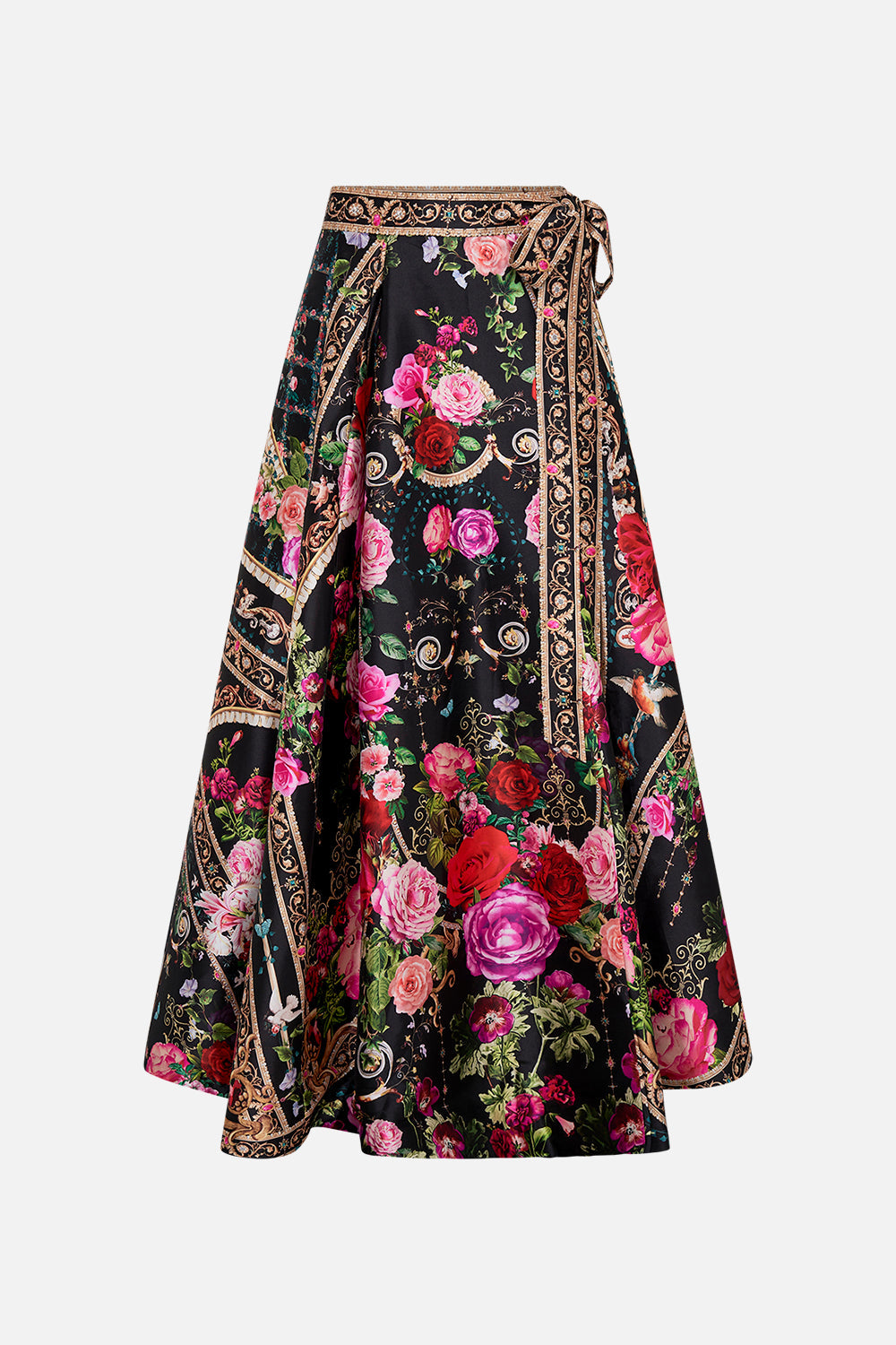 Product view of CAMILLA designer maxi wrap skirt in Reservation Fot Love print