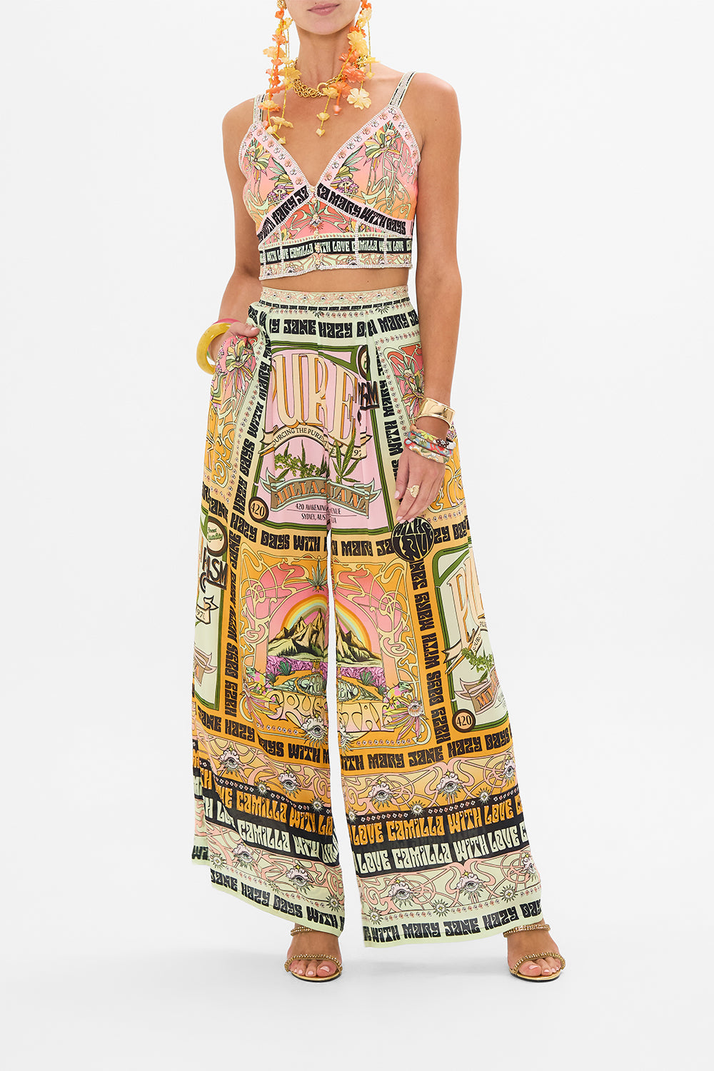 CAMILLA tuck front pants in Lets Chase Rainbows print