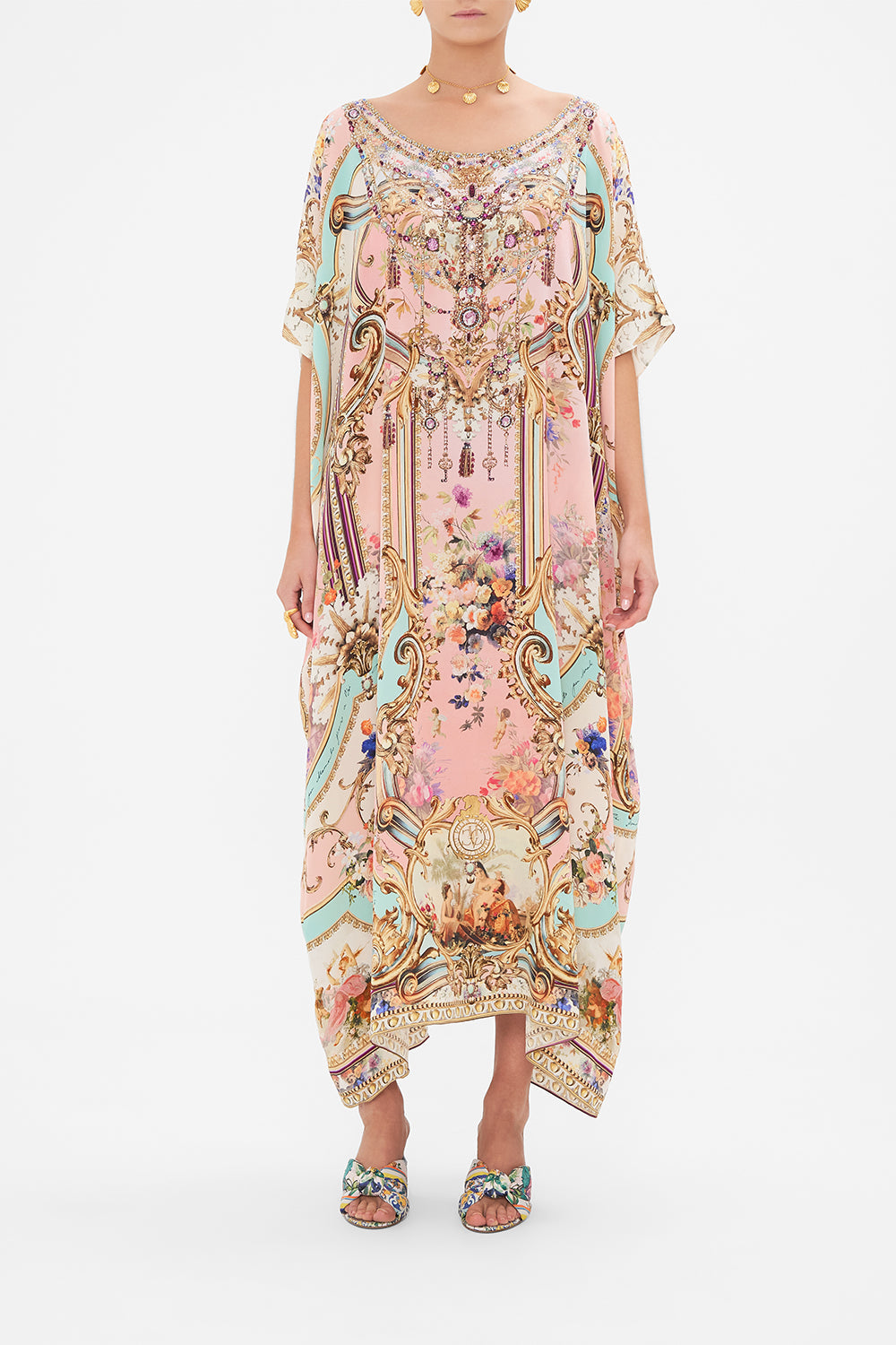 Front view of model wearing CAMILLA silk kaftan in Letters From The Pink Room print