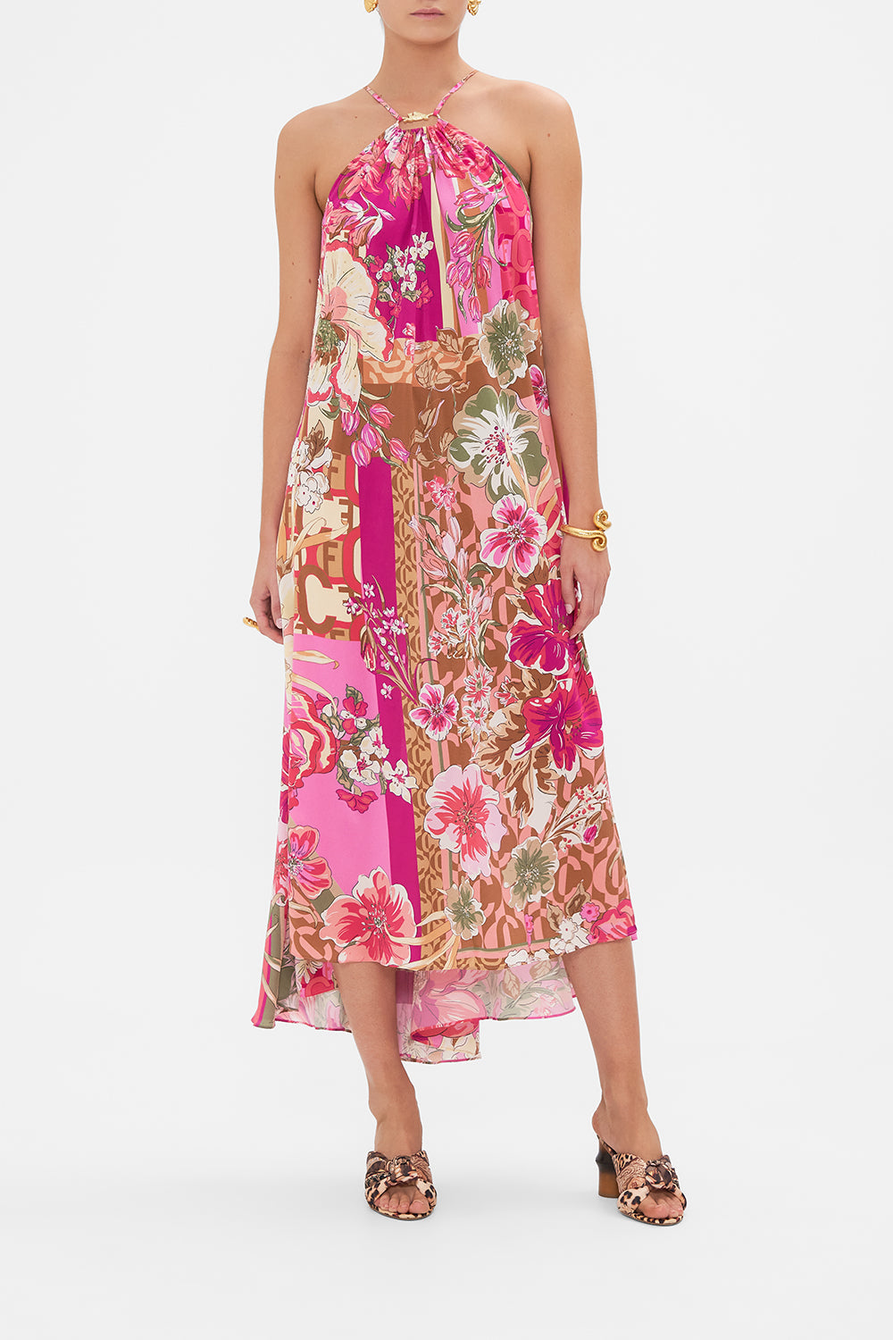 Front view of model wearing CAMILLA silk neck halter dress in A Girl Named Florence print