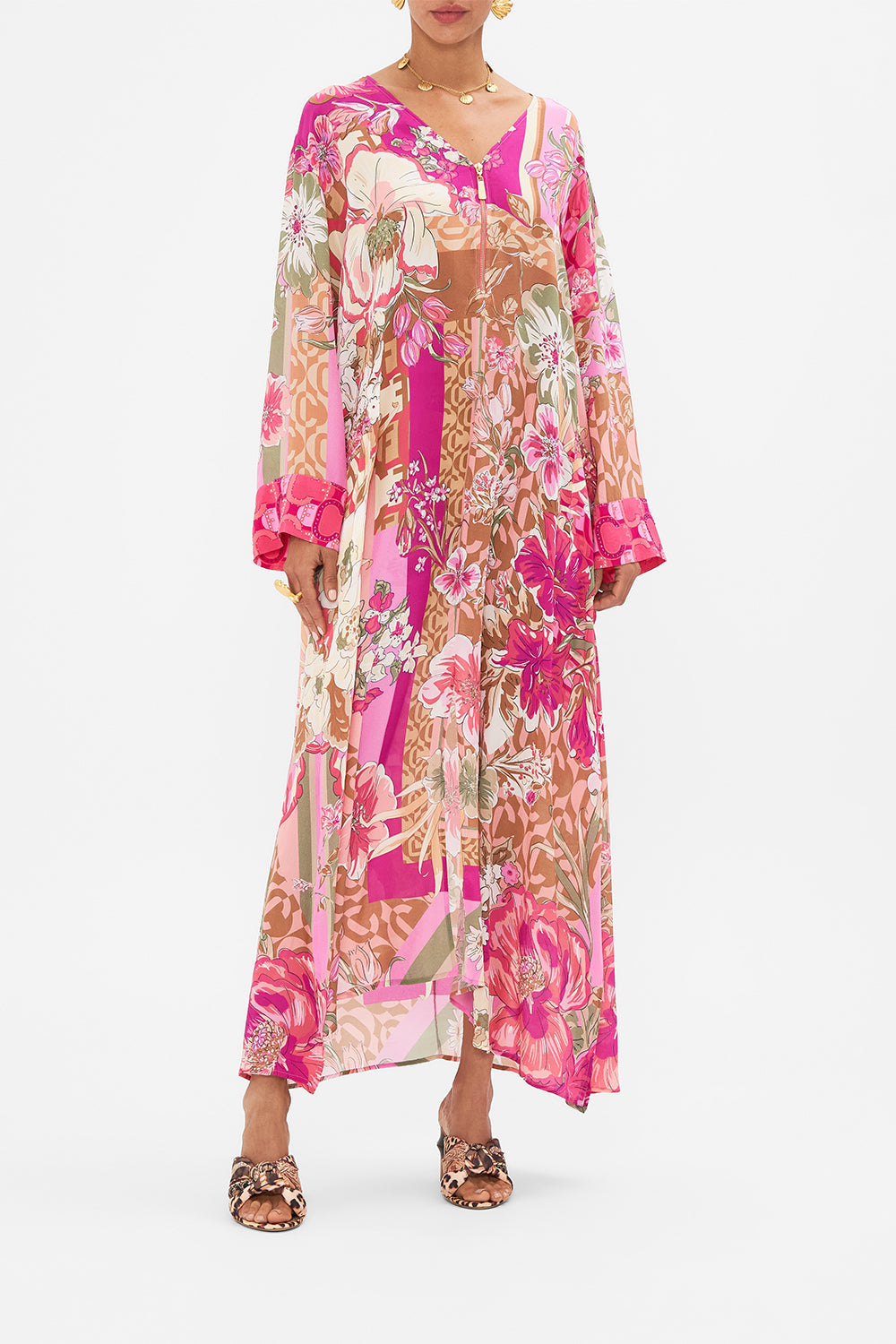 Front view of model wearing CAMILLA printed silk kaftan in A Girl Named Florence print