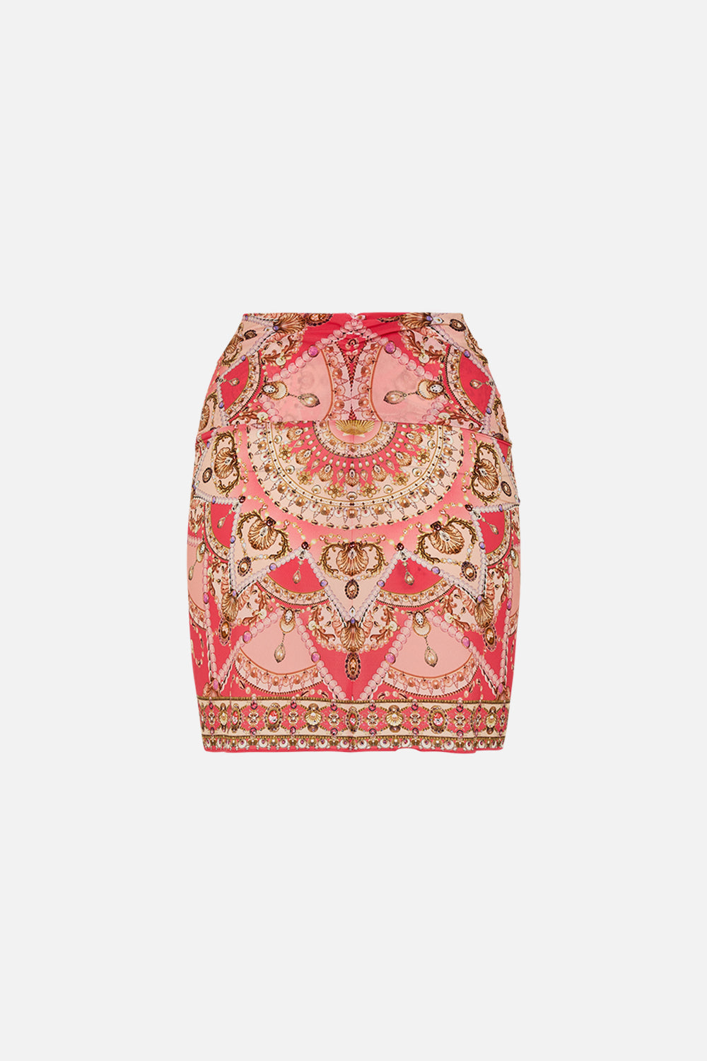 CAMILLA pink twist front short skirt in Shell Games