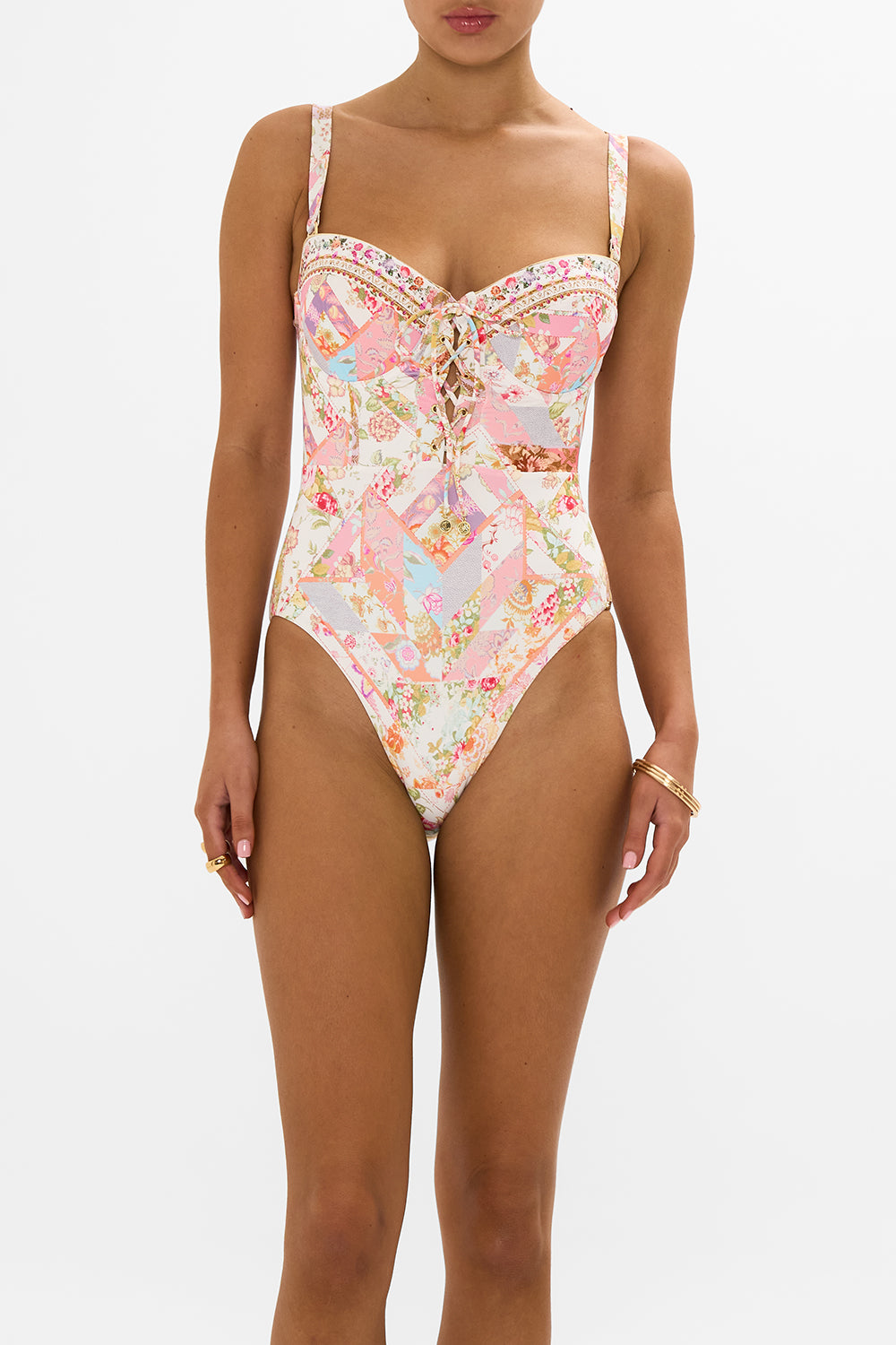 CAMILLA floral lace up balconette underwire one piece in Sew Yesterday