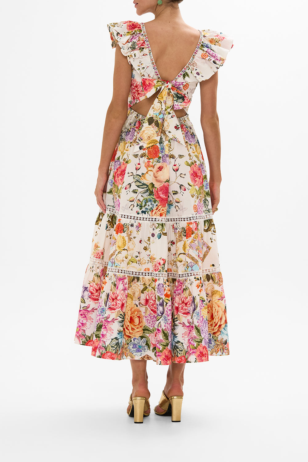 CAMILLA Floral Tiered Dress with Neck Frill in Sew Yesterday print