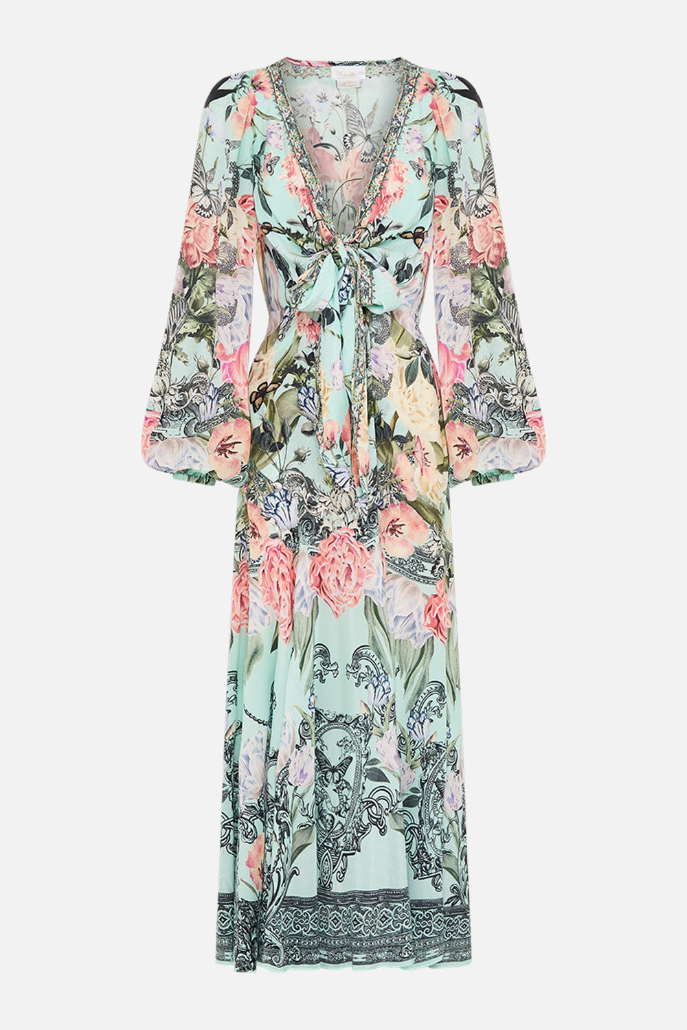 CAMILLA Floral Wrap Tie Dress with Blouson Sleeve in Petal Promise Land