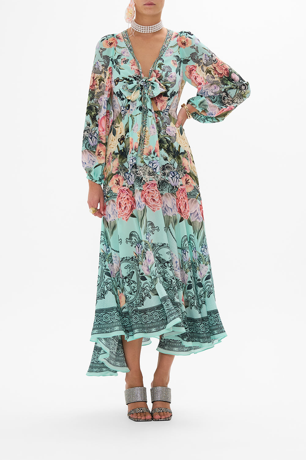 CAMILLA Floral Wrap Tie Dress with Blouson Sleeve in Petal Promise Land