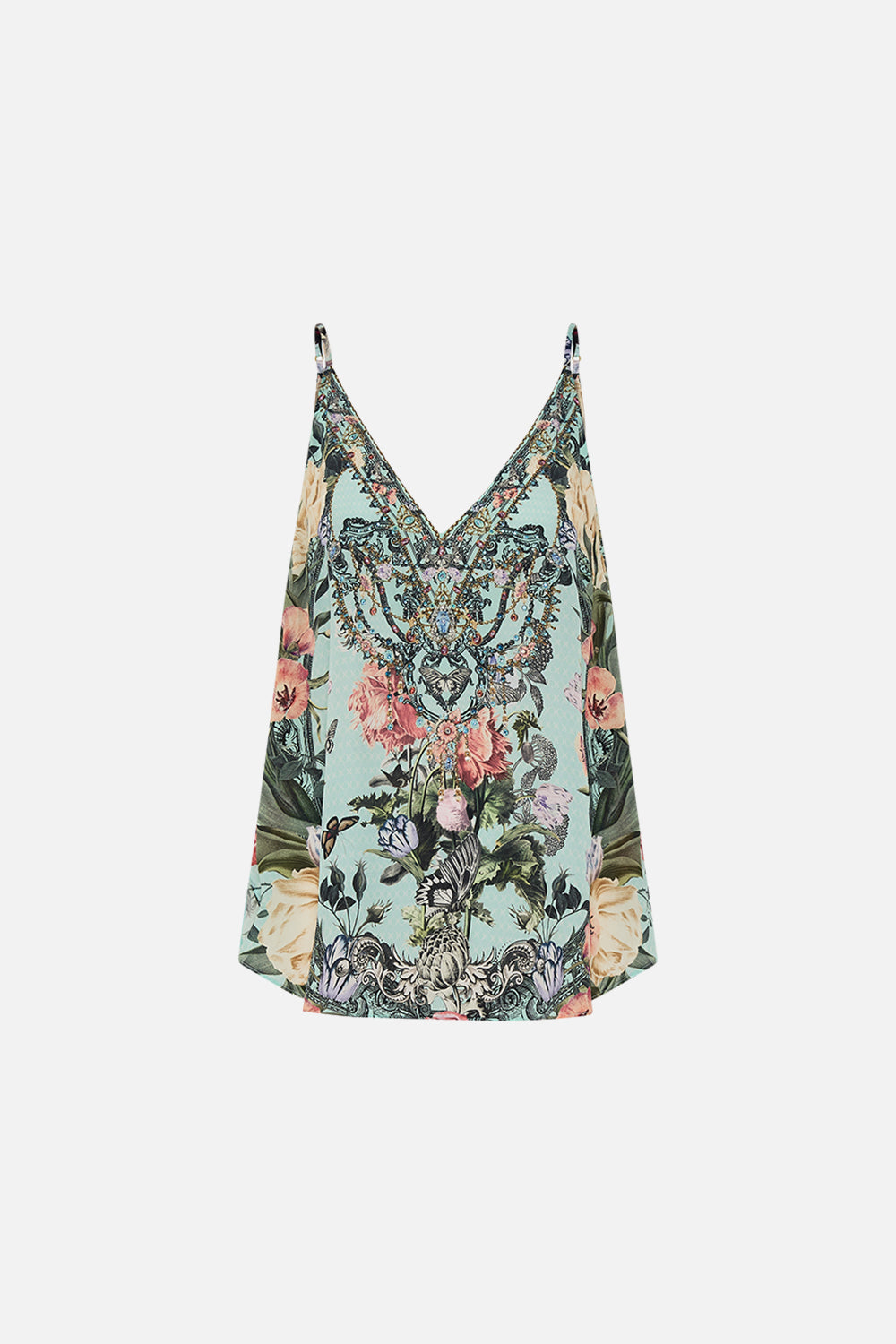 CAMILLA floral v neck silk cami in Petal Promiseland print