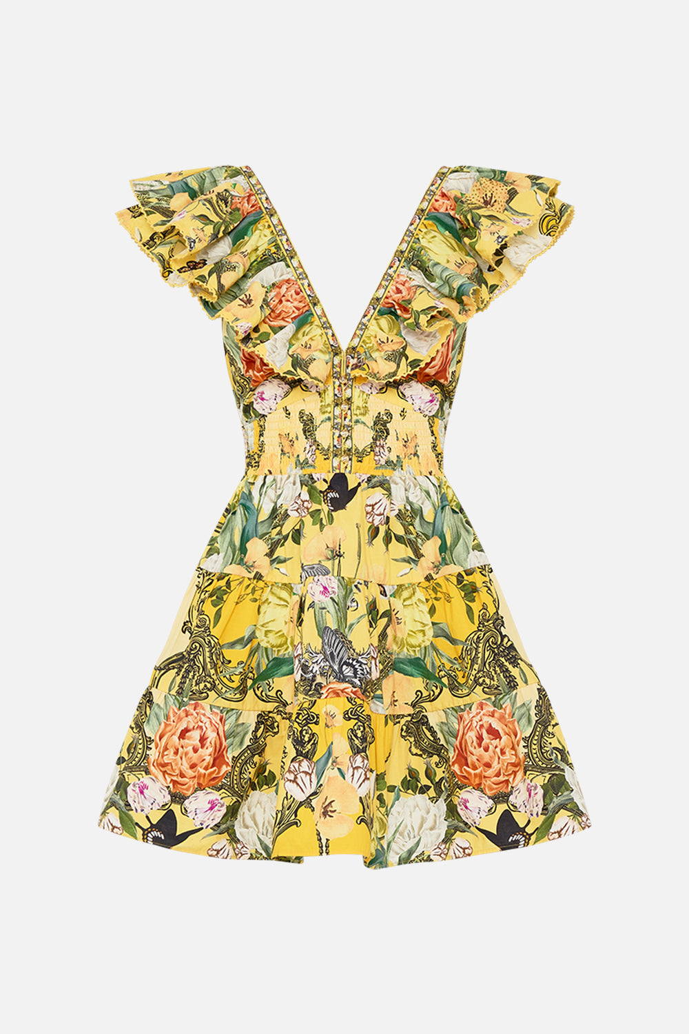 CAMILLA yellow short mini dress Paths Of Gold print