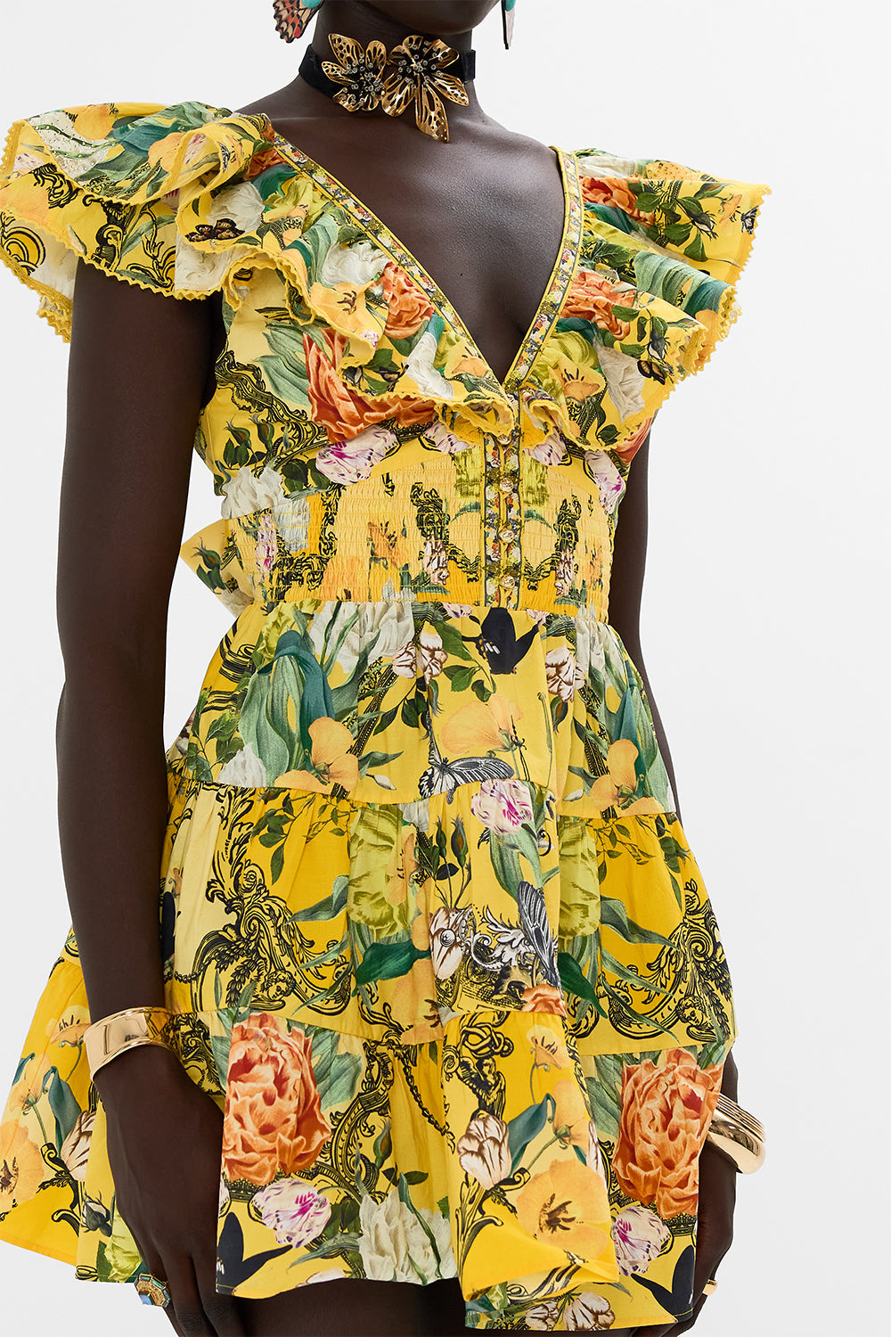 CAMILLA yellow short mini dress Paths Of Gold print