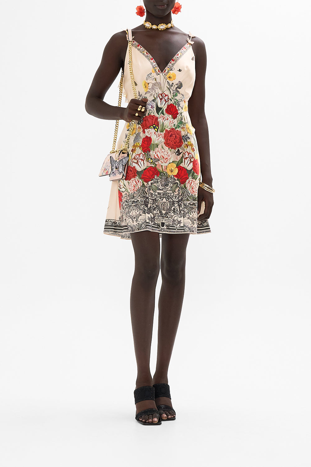 CAMILLA multi V-Neck Bias Slip Dress with Back Frill in Etched into Eternity