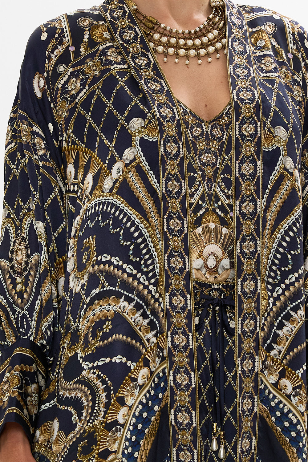 CAMILLA Gold High Low Hem Layer with Macrame Fringing in Dance with the Duke print