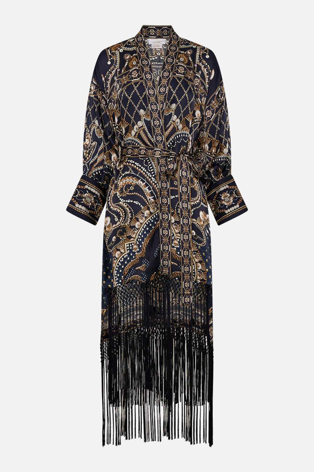 CAMILLA Gold High Low Hem Layer with Macrame Fringing in Dance with the Duke print