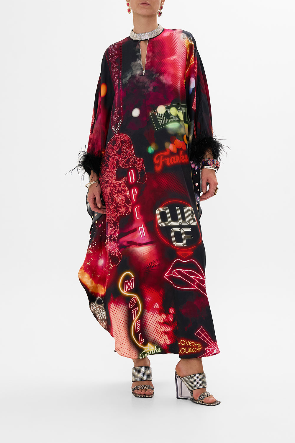 CAMILLA Black Kaftan with High Collar Stand in Electric Loveland