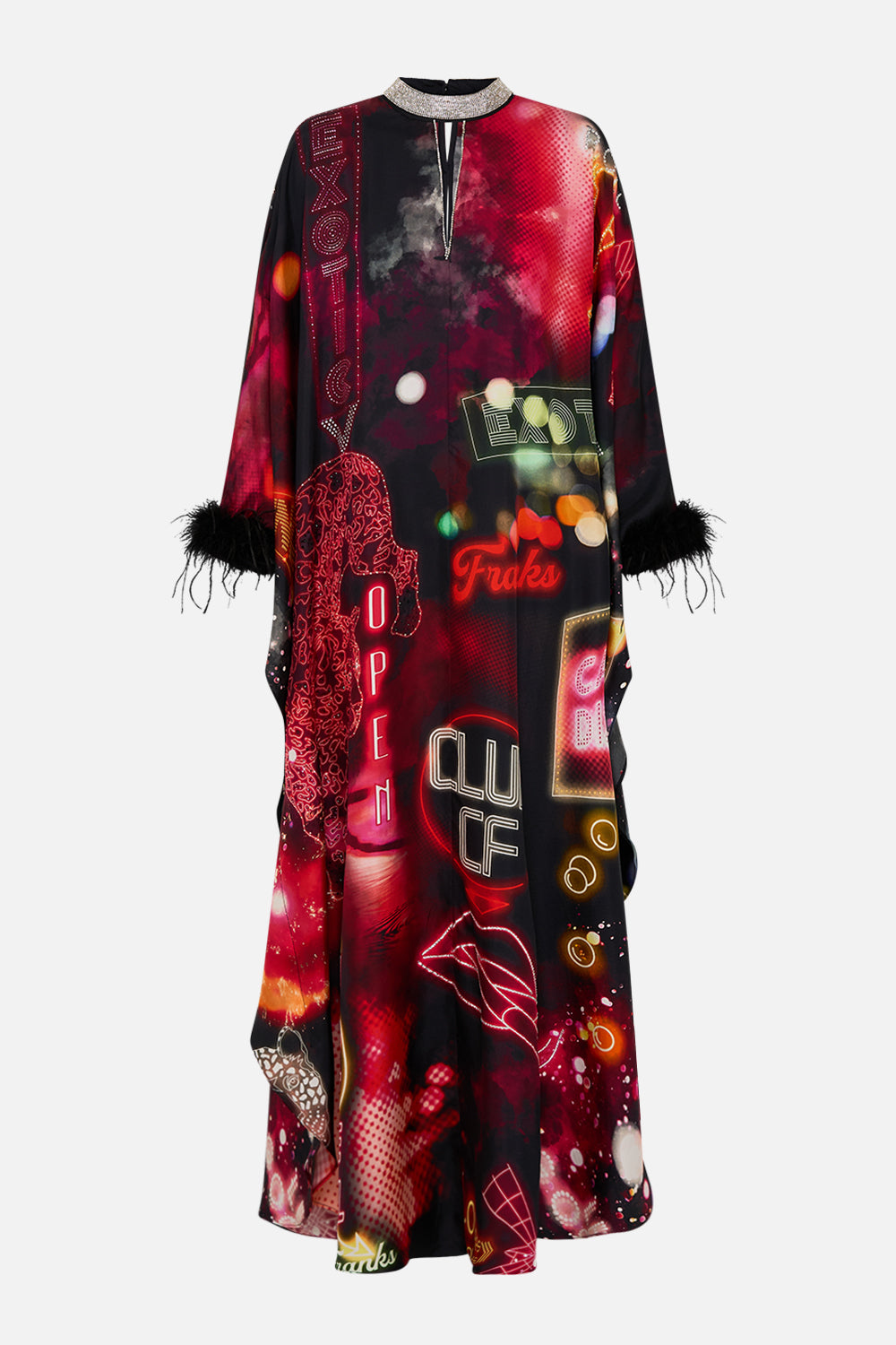 CAMILLA Black Kaftan with High Collar Stand in Electric Loveland