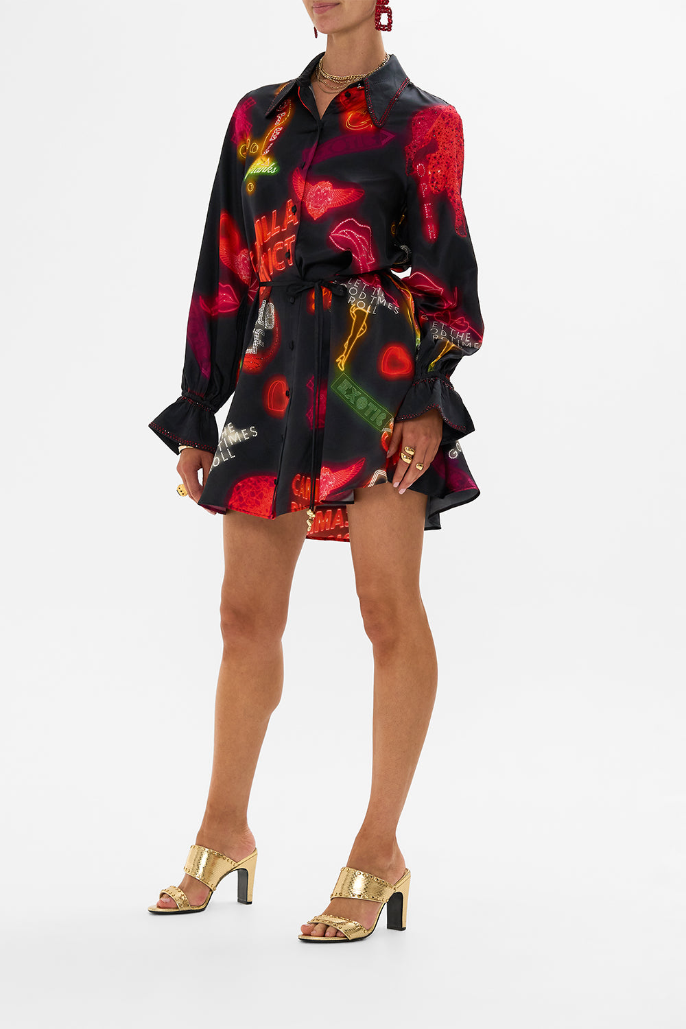 CAMILLA Black Shift Shirt Dress in Electric Loveland