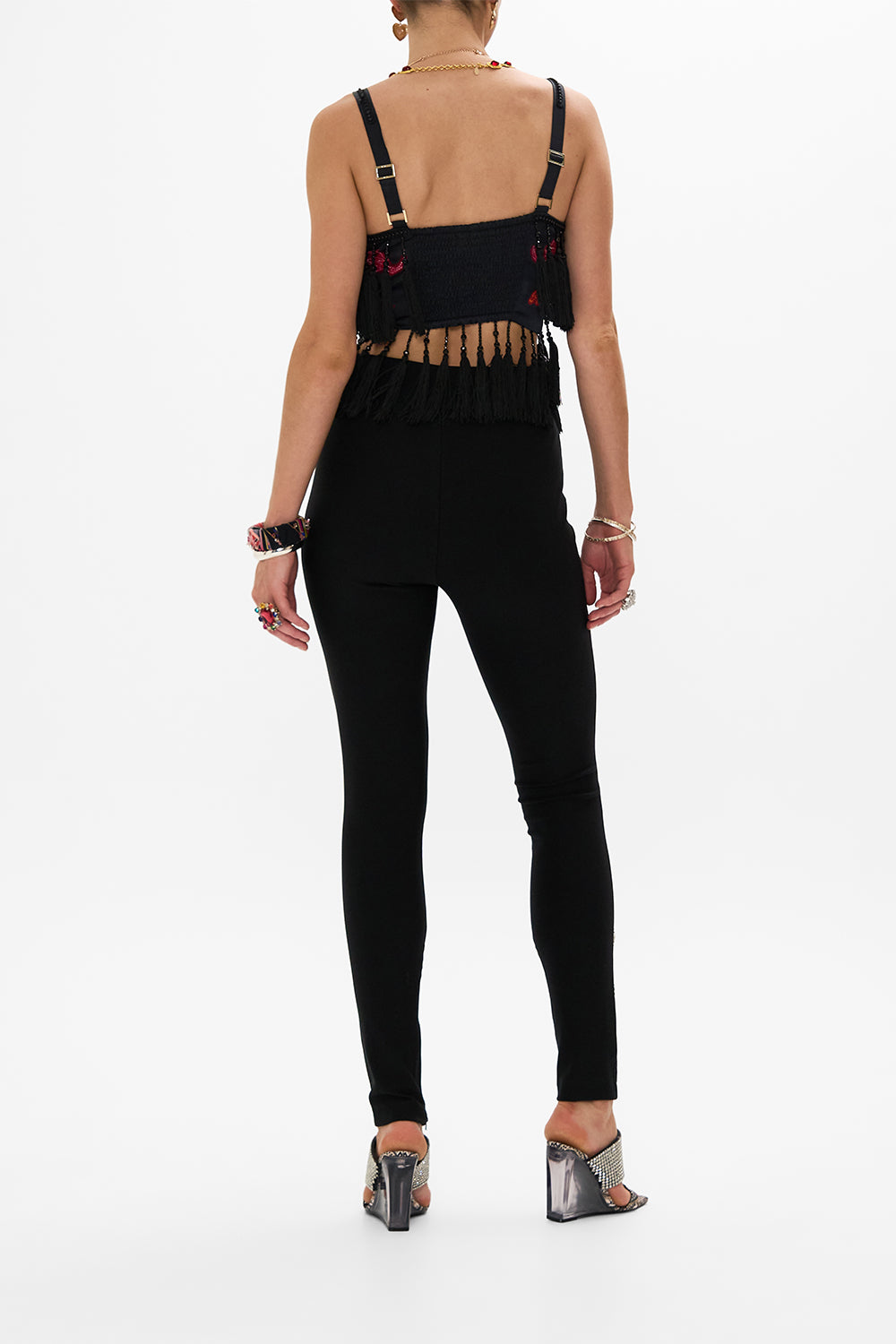 CAMILLA Black Seam Detail Bralette with Tassels in Electric Loveland