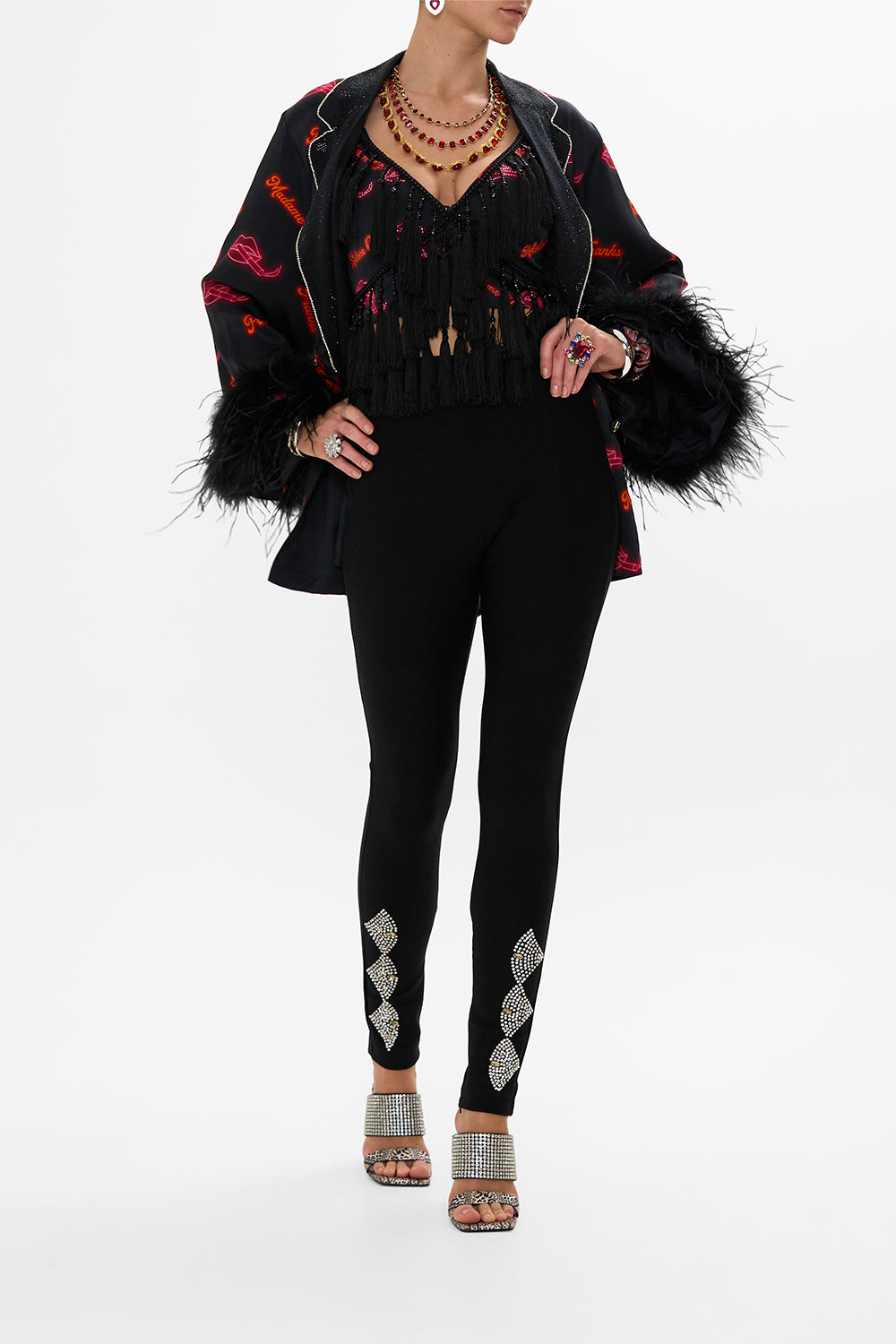 CAMILLA Black Seam Detail Bralette with Tassels in Electric Loveland