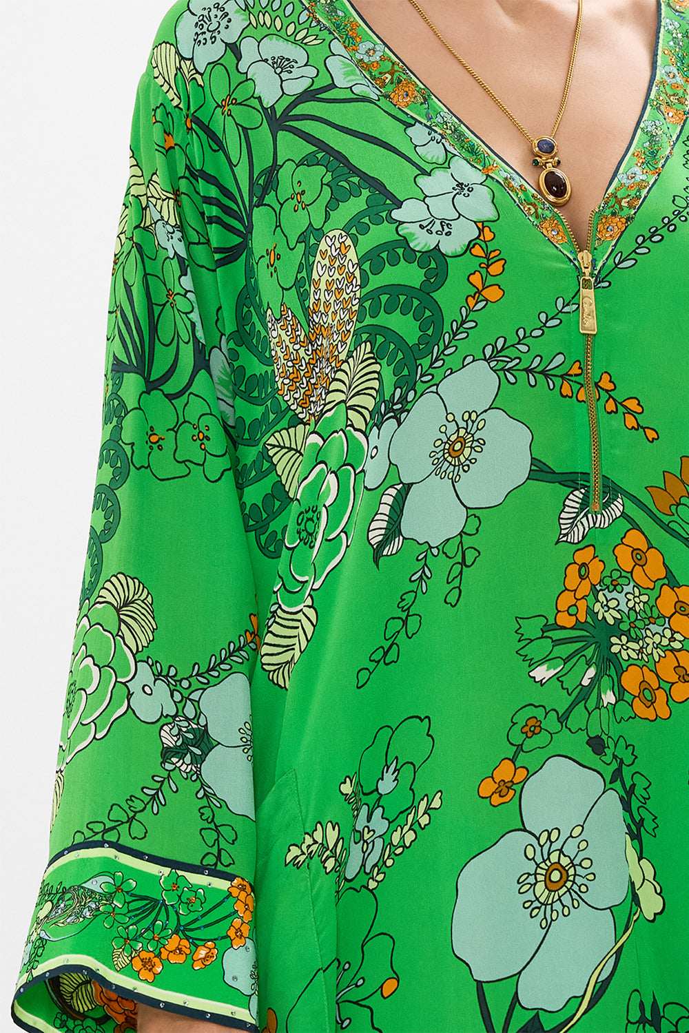 CAMILLA Green Pocket Kaftan with Zip in Good Vibes Generation print