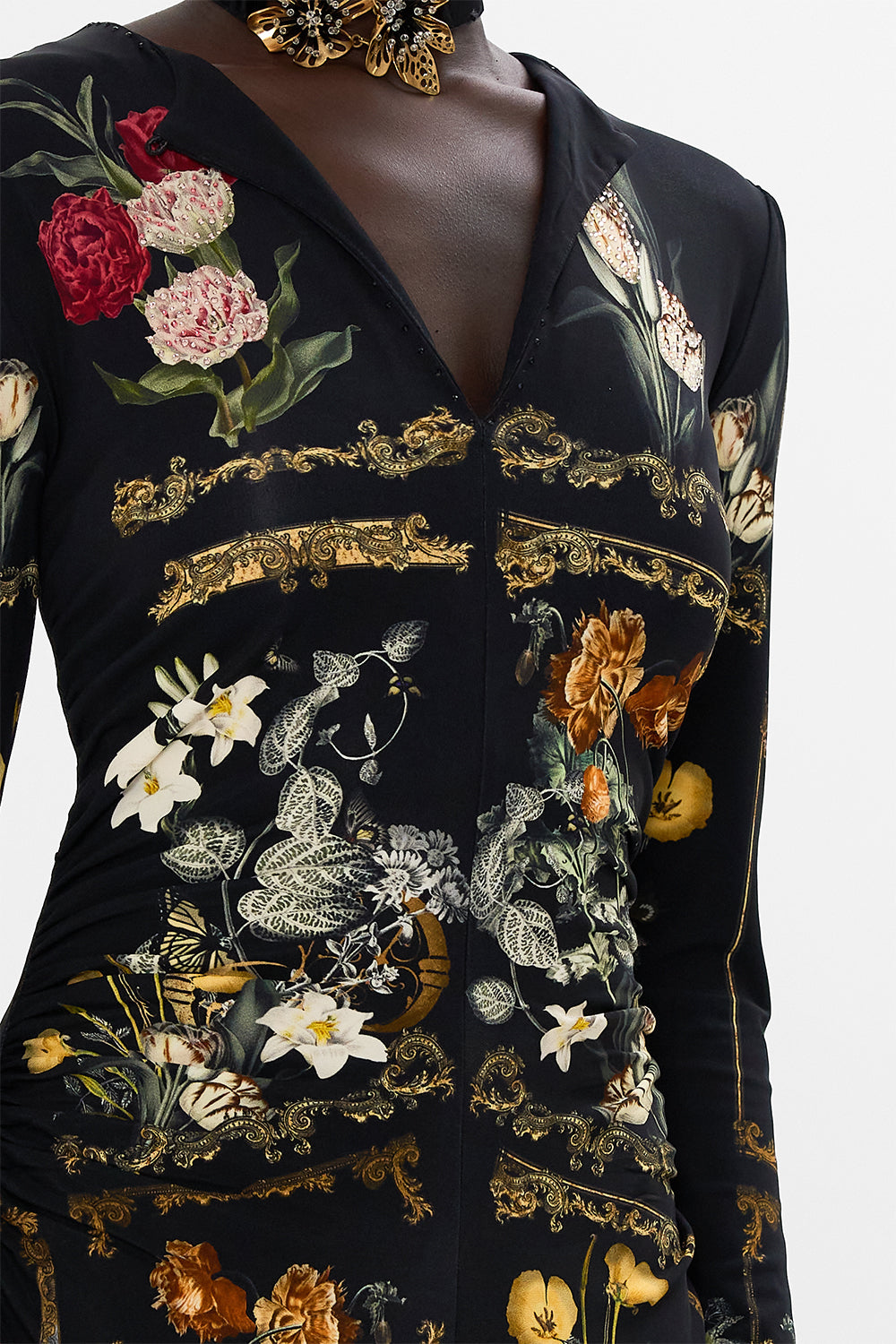 CAMILLA Black Gathered Jersey Long Dress in Magic in the Manuscripts