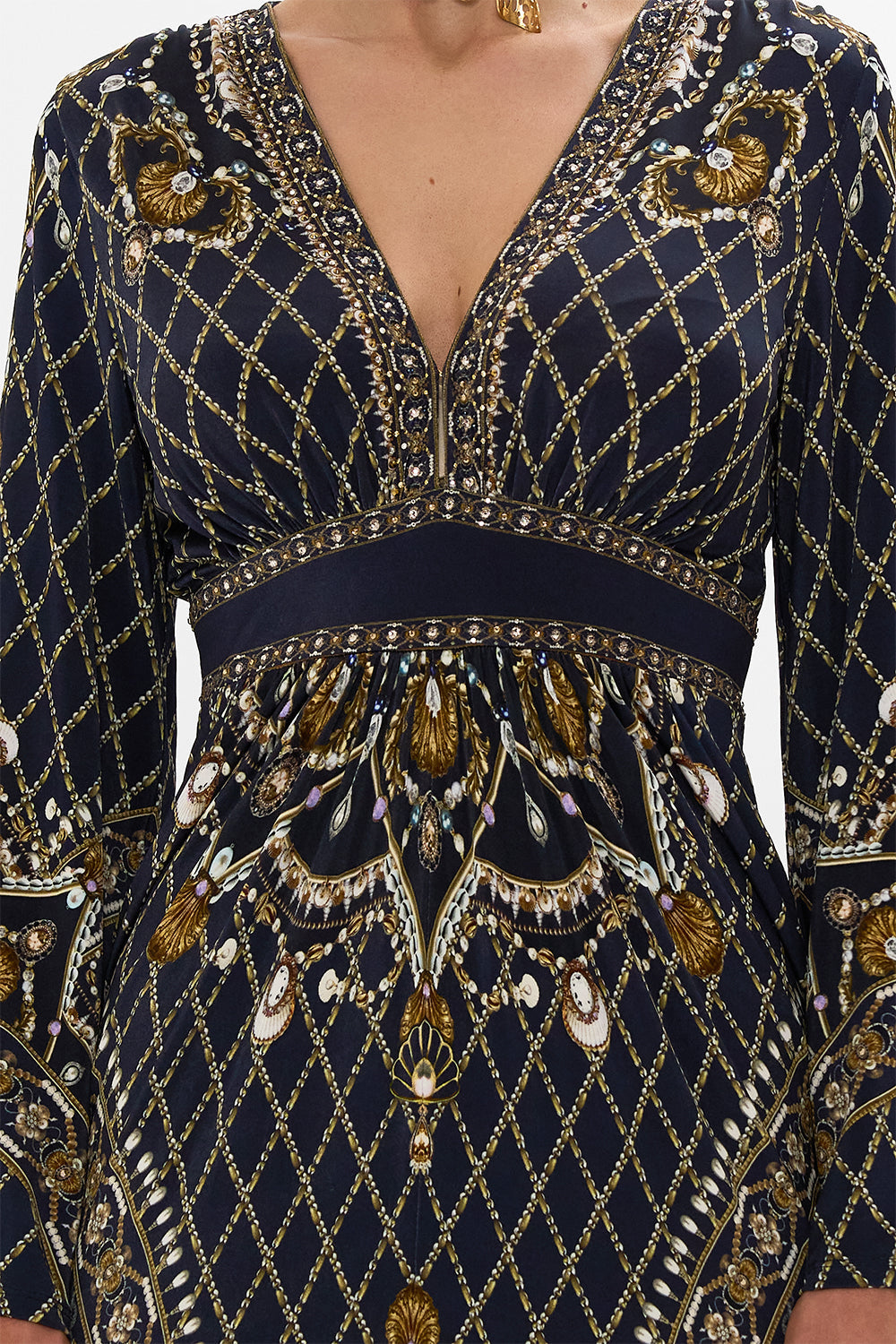 CAMILLA Gold/Black Gathered V-Neck Jersey Dress in Dance with the Duke